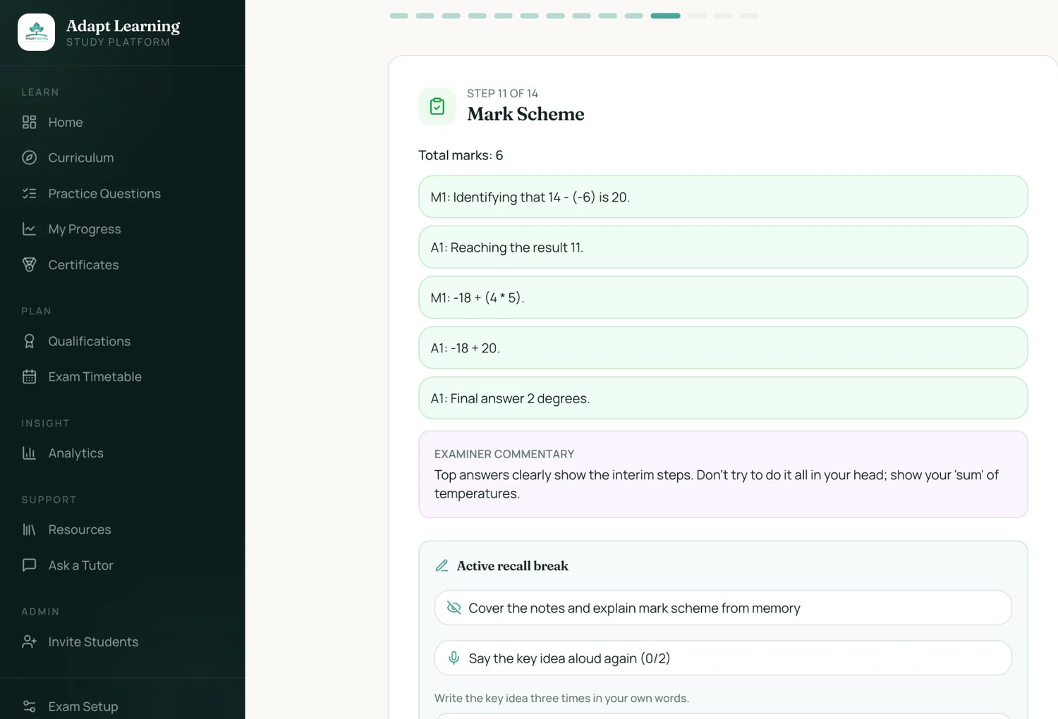 The Refine Learning platform showing a mark scheme with examiner commentary